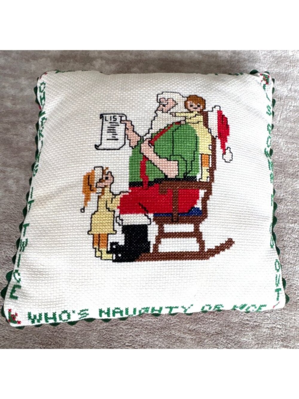 Santa Cross-Stitch Pillow Making a List Checking it Twice Christmas Decor